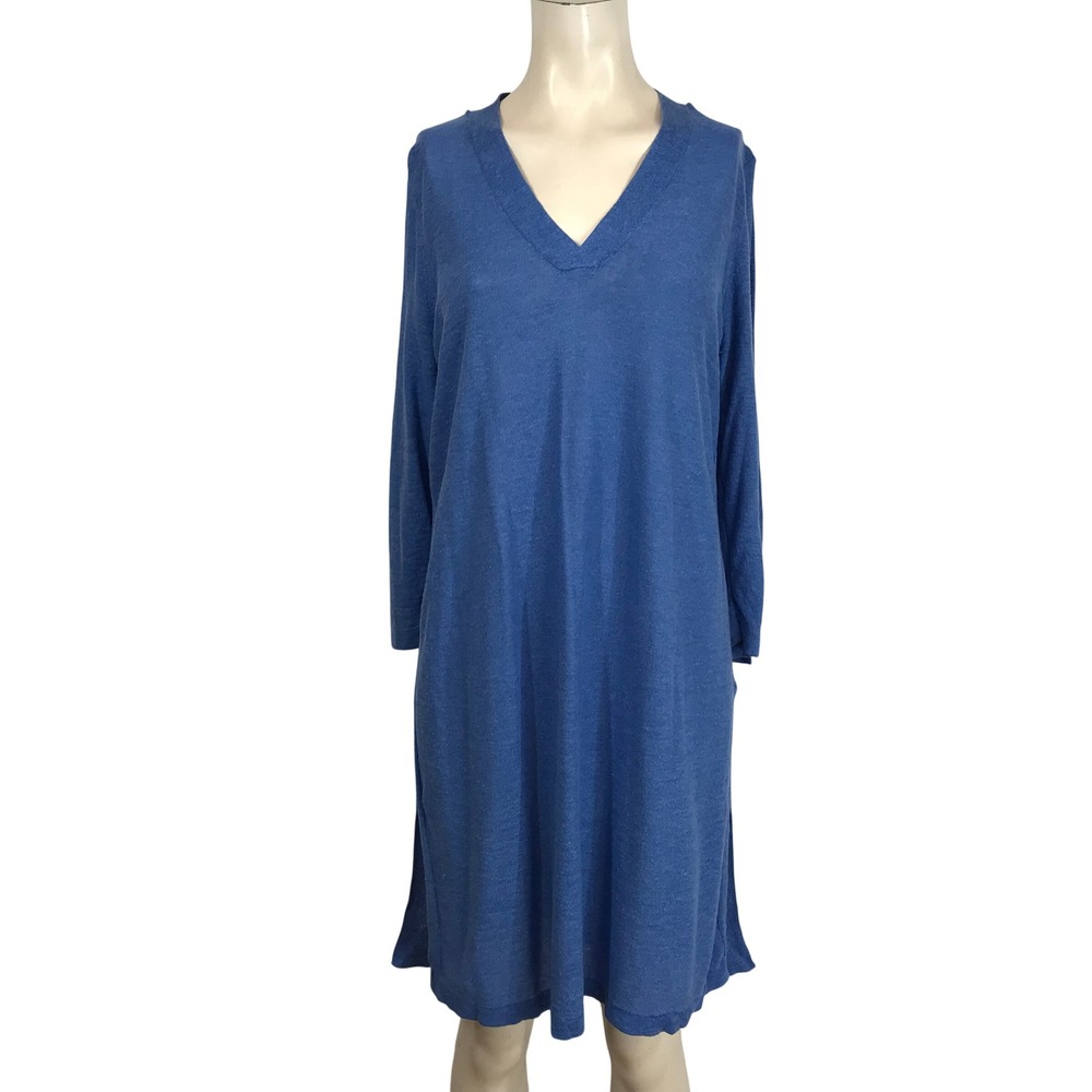 J Jill Blue V Neck Long Sleeve Side Slit Dress Women Size M Linen Blend
